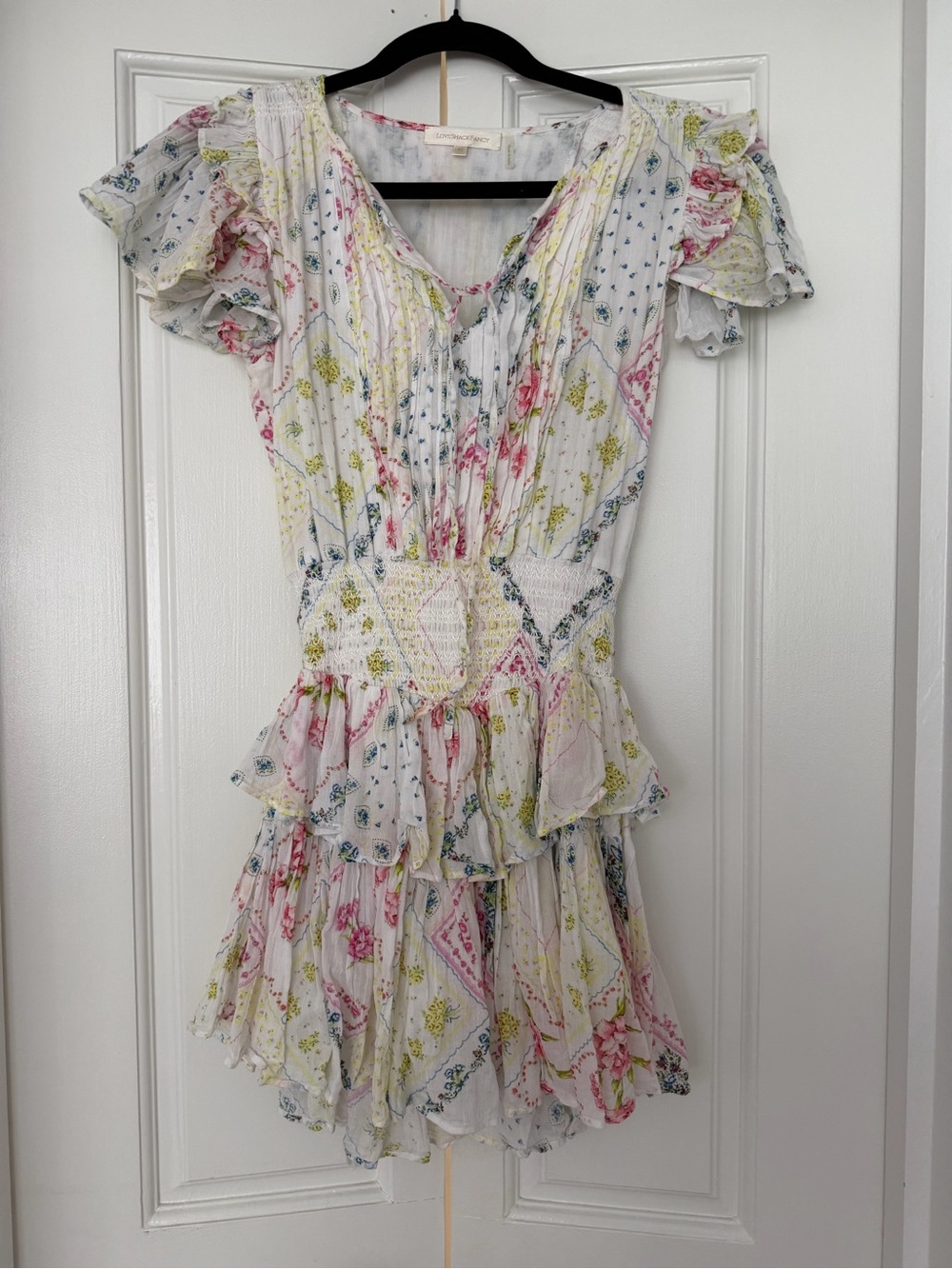 LoveShackFancy White Floral Ruffle Tiered Mini Dress